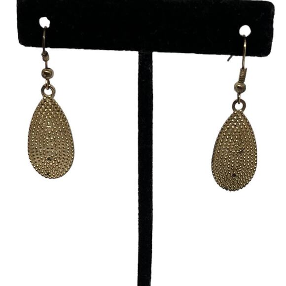 Gold Tone Divoted Teardrop Earrings Textured Metal Statement Drop French Hook - Picture 2 of 9